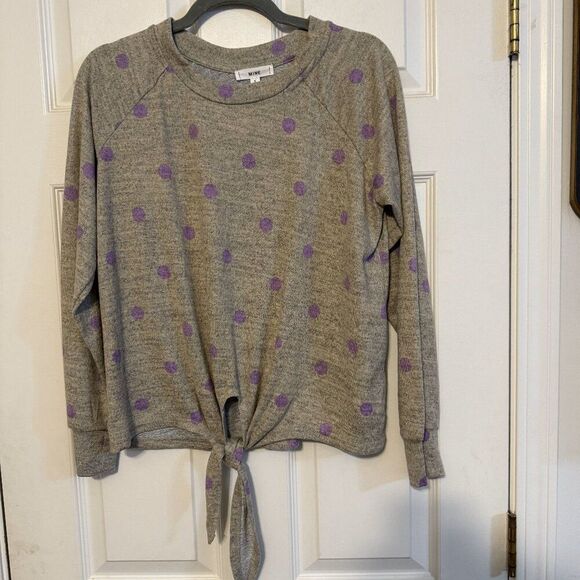 NWT Gray Sweater Purple Polkadots w/Front Tie Size Small - Picture 1 of 4